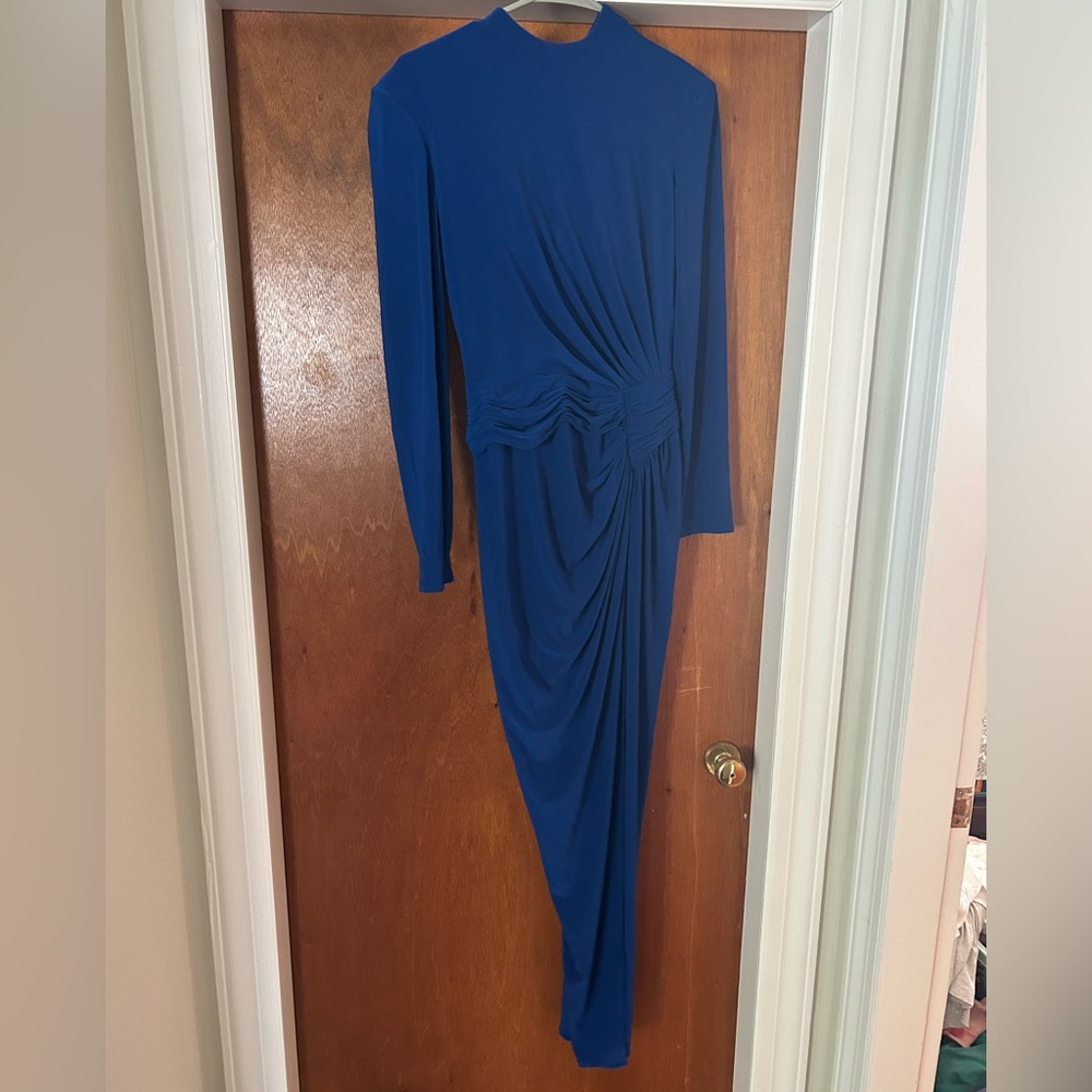 Renee Ruiz Slinky Blue Long Sleeve Ruched Maxi Dress Size 4 - Picture 5 of 8
